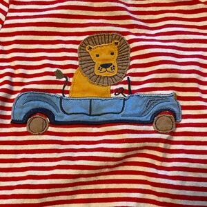 Striped Red and White Kids Long Sleeve Tee with Lion Car Design